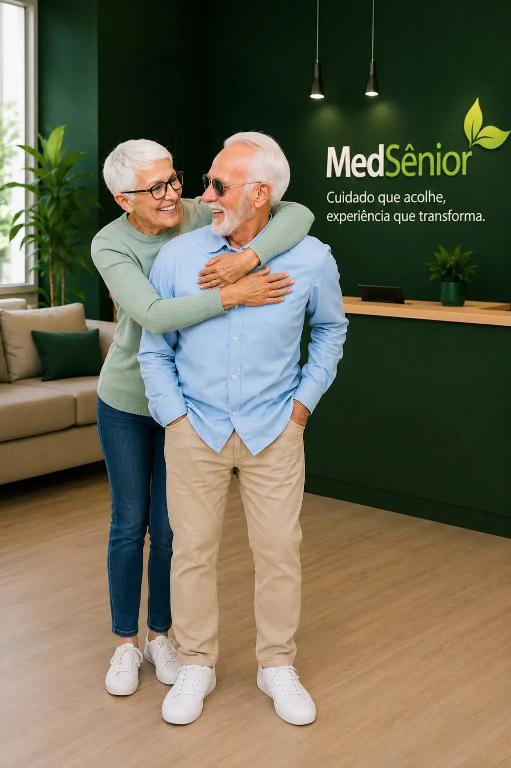 Casal maduro sorrindo em ambiente MedSênior
